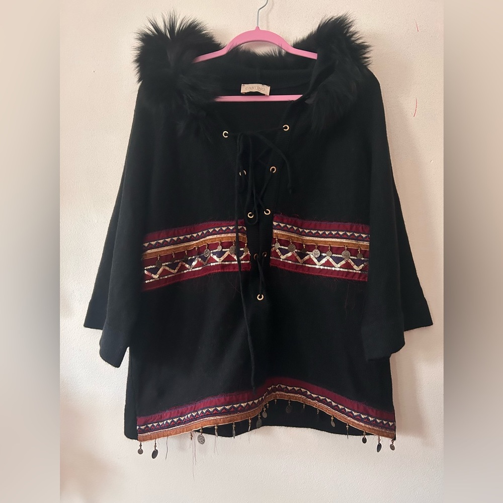Casting black festive sweater poncho with hood